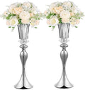 Silver Metal Trumpet Vase, 22in Wedding Reception Centerpiece, 2Pcs Set, with Crystal Bead for Home Decor in