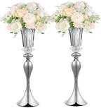 Silver Metal Trumpet Vase, 22in Wedding Reception Centerpiece, 2Pcs Set, with Crystal Bead for Home Decor in
