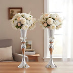 Silver Metal Trumpet Vase, 22in Wedding Reception Centerpiece, 2Pcs Set, with Crystal Bead for Home Decor in, alternate view