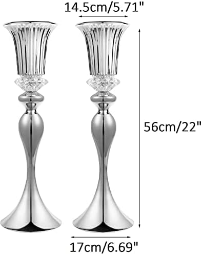 Silver Metal Trumpet Vase, 22in Wedding Reception Centerpiece, 2Pcs Set, with Crystal Bead for Home Decor (Pack, alternate
