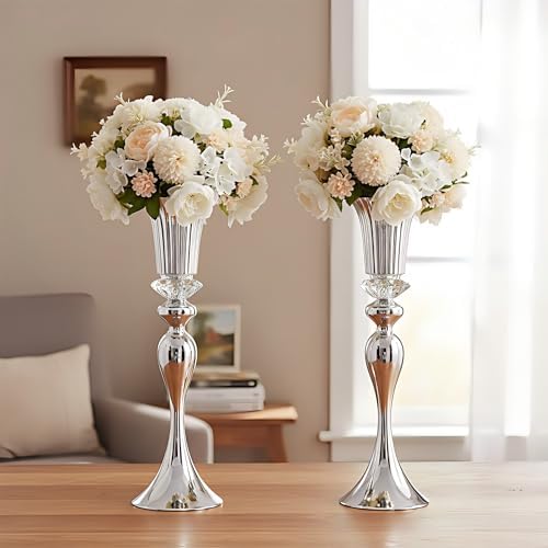 Silver Metal Trumpet Vase, 22in Wedding Reception Centerpiece, 2Pcs Set, with Crystal Bead for Home Decor (Pack, alternate
