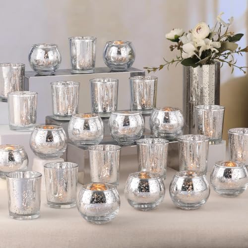 Silver Party Decorations 72pcs, Assorted Glass Votive Candle Holders in Silver--(36pcs+36pcs)