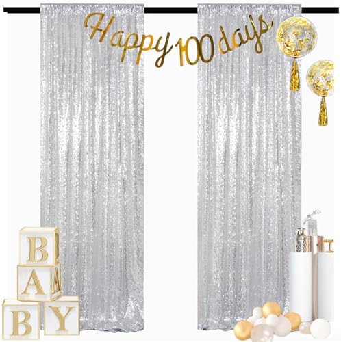 Silver Sequin Backdrop 2 Pieces, Photograph Background 7FTx7FT Shiny Gray Backdrop Curtains Panels Sparkly