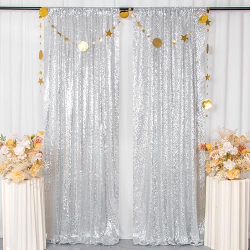 Silver Sequin Backdrop 2 Pieces, Photograph Background 7FTx7FT Shiny Gray Backdrop Curtains Panels Sparkly, alternate view 3