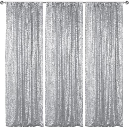 Silver Sequin Backdrop Curtain 3 Panels 2FTx8FT Glitter Silver Background Drapes Sparkle Photography Backdrop