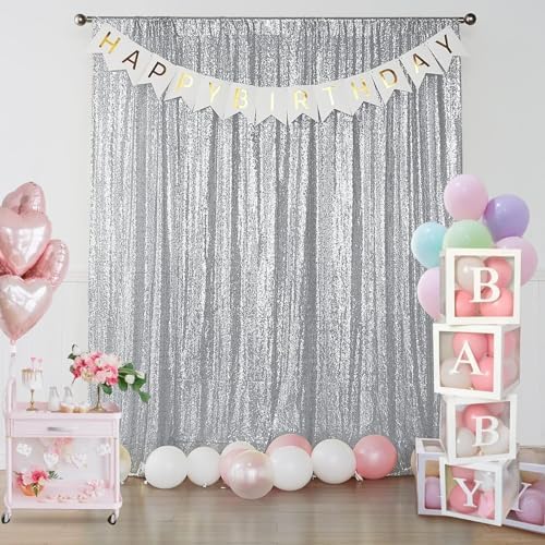 Silver Sequin Backdrop Curtain 3 Panels 2FTx8FT Glitter Silver Background Drapes Sparkle Photography Backdrop, alternate view