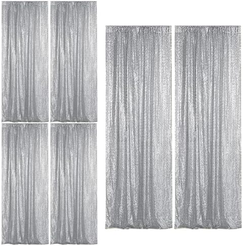 Silver Sequin Backdrop Curtain 6 Panels 2FTx8FT Glitter Silver Background Drapes Sparkle Photography Backdrop