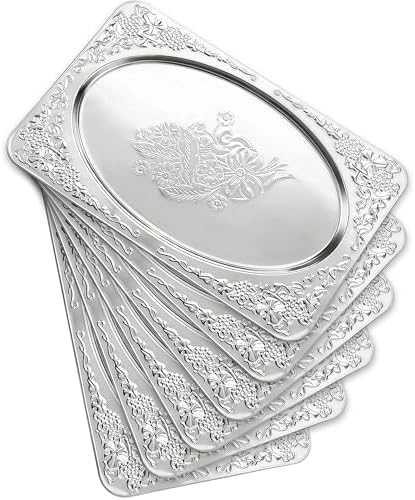 Silver Serving Trays, 6 Pcs Stainless Steel Serving Platters with Retro Engraved Design, 13.7 x 8.5 Inch for