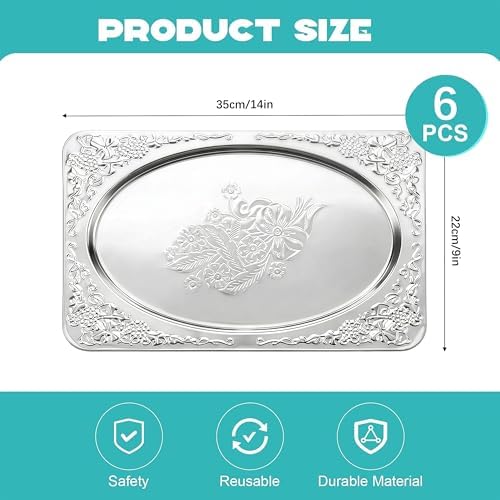 Silver Serving Trays, 6 Pcs Stainless Steel Serving Platters with Retro Engraved Design, 13.7 x 8.5 Inch for, alternate view