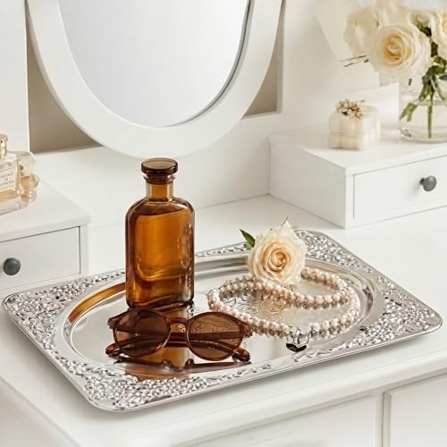 Silver Serving Trays, 6 Pcs Stainless Steel Serving Platters with Retro Engraved Design, 13.7 x 8.5 Inch for, alternate view