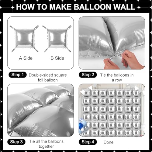 Silver Square Foil Balloons 50 Pcs Metallic Silver Balloons Wall Backdrop for New Year Graduation Birthday, alternate view 3