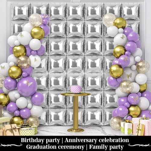 Silver Square Foil Balloons 50 Pcs Metallic Silver Balloons Wall Backdrop for New Year Graduation Birthday, alternate view 5