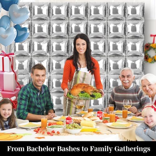 Silver Square Foil Balloons 50 Pcs Metallic Silver Balloons Wall Backdrop for New Year Graduation Birthday, alternate view 6