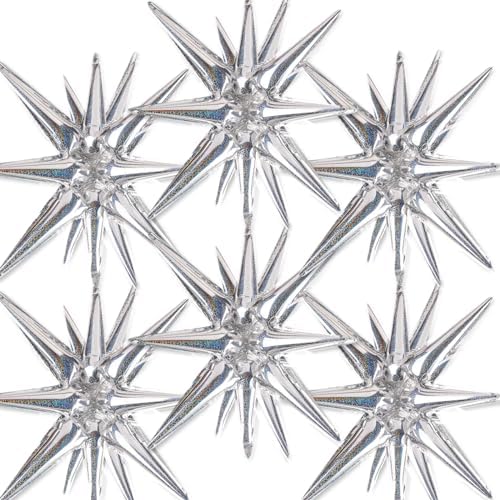 Silver Star Spike Balloons 6pcs Explosion Foil Mylar Balloons in 6 PCS - 27&22 Inch in Silver-iridescent