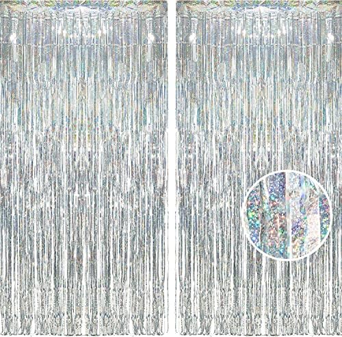 Silver Streamers Party Fringe Backdrop Christmas Decorations in 3.2x8.2 ft in Silver