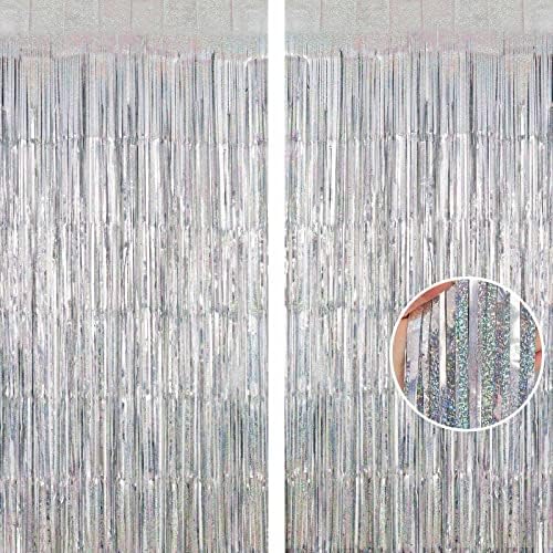 Silver Tinsel Foil Fringe Curtain Backdrop, 3.3 x 8.2 ft Metallic Glitter Curtain Streamers, 2 Pack Silver