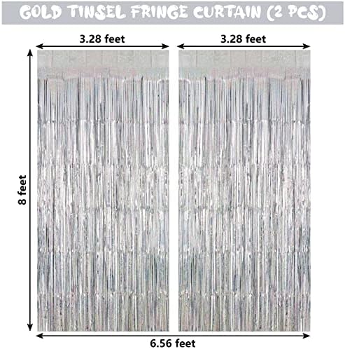 Silver Tinsel Foil Fringe Curtain Backdrop, 3.3 x 8.2 ft Metallic Glitter Curtain Streamers, 2 Pack Silver, alternate view 3