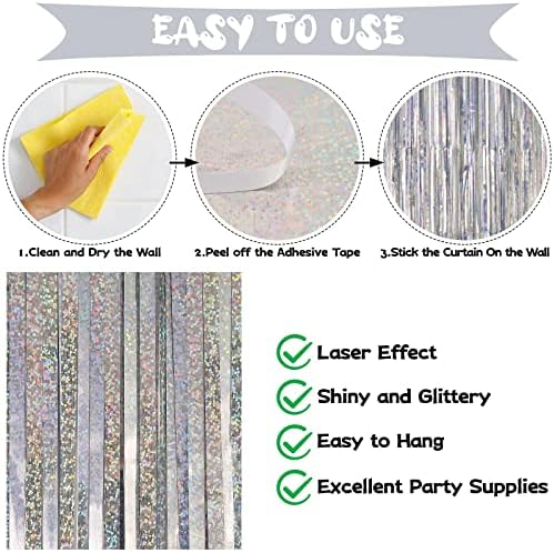 Silver Tinsel Foil Fringe Curtain Backdrop, 3.3 x 8.2 ft Metallic Glitter Curtain Streamers, 2 Pack Silver, alternate view 4