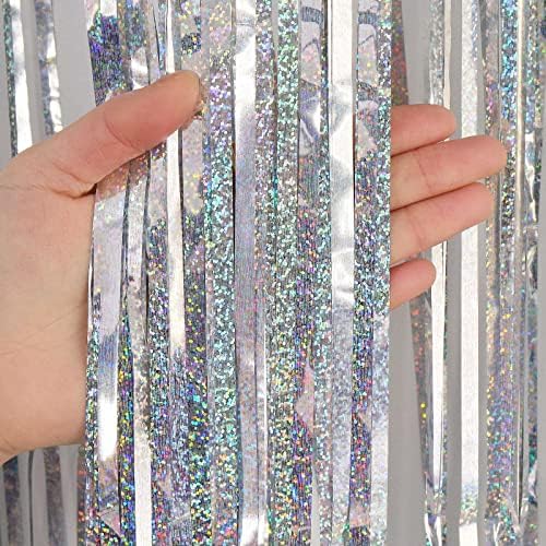 Silver Tinsel Foil Fringe Curtain Backdrop, 3.3 x 8.2 ft Metallic Glitter Curtain Streamers, 2 Pack Silver, alternate view 6