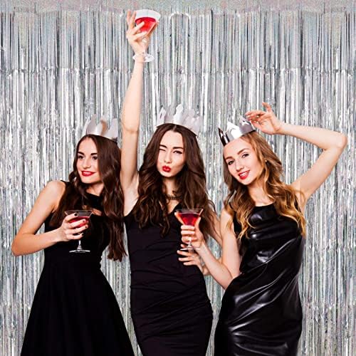 Silver Tinsel Foil Fringe Curtain Backdrop, 3.3 x 8.2 ft Metallic Glitter Curtain Streamers, 2 Pack Silver, alternate view 7