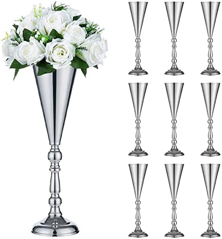 Silver Trumpet Flower Wedding Centerpiece Riser, 10Pcs, 16.5in in Silver