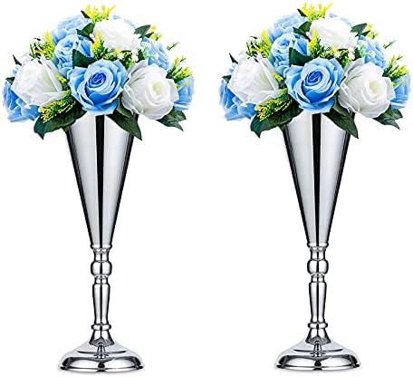Silver Trumpet Flower Wedding Centerpiece Riser Stand, 2Pcs, 14in in Silver