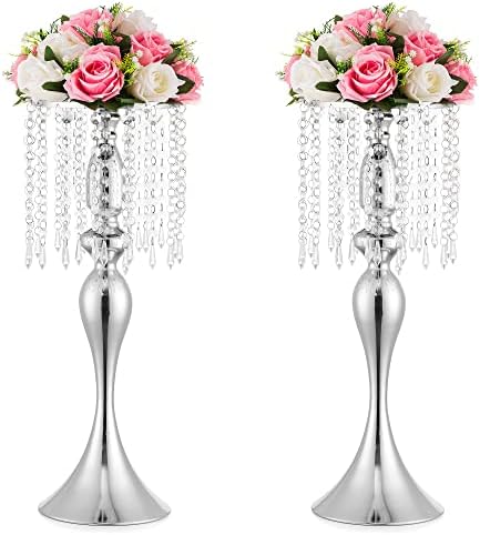 Silver Vase Stand Table: 21.3in Wedding Centerpieces, Set of 2 in Silver
