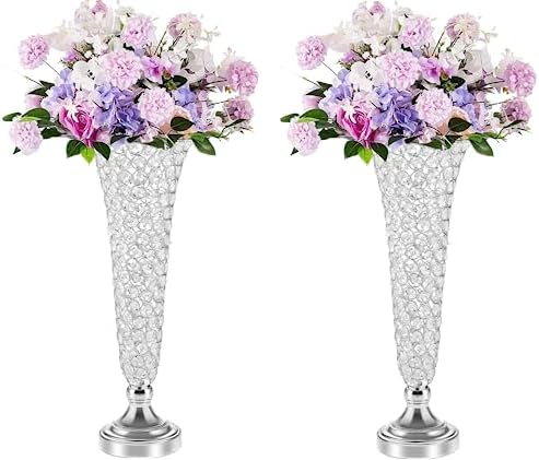 Silver Vases for Centerpieces - Crystal Trumpet Floral Vase, 2Pcs Crystal Vases for Table Centerpieces, 20in