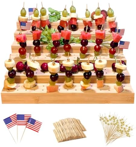 Skewer Holder: Bamboo Six Tier Food Stand with 180 Holes - Includes 200 Pcs Skewer, 100 Pcs US Toothpick Flags