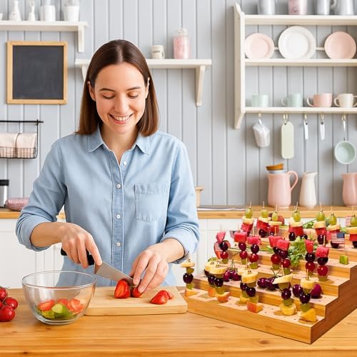 Skewer Holder: Bamboo Six Tier Food Stand with 180 Holes - Includes 200 Pcs Skewer, 100 Pcs US Toothpick Flags, alternate