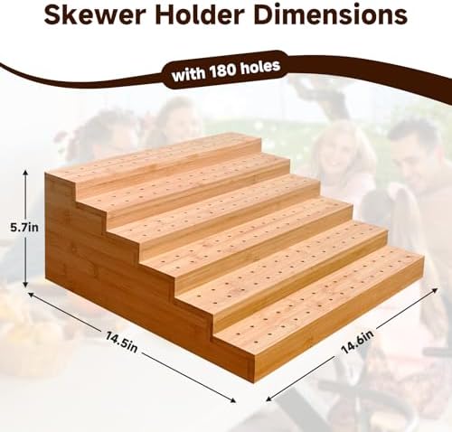Skewer Holder: Bamboo Six Tier Food Stand with 180 Holes - Includes 200 Pcs Skewer, 100 Pcs US Toothpick Flags, alternate
