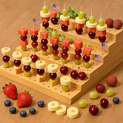 Skewer Holder: Bamboo Six Tier Food Stand with 180 Holes - Includes 200 Pcs Skewer, 100 Pcs US Toothpick Flags, alternate