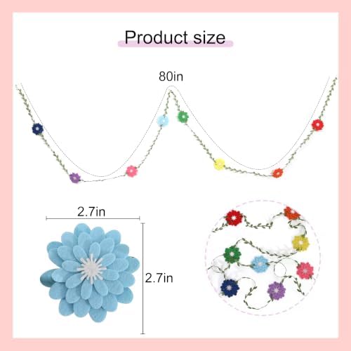 Sky Blue Felt Chrysanthemum Wreath - Sky Blue Leaf Vine Banner, Multi Layer Daisy, Used for Spring Party, alternate view 2
