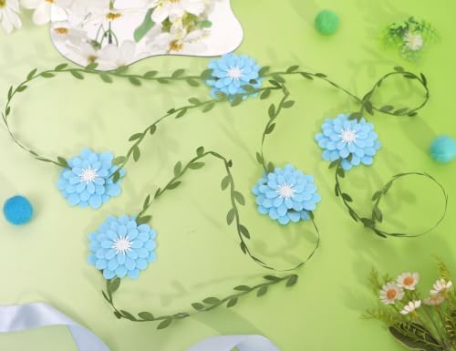 Sky Blue Felt Chrysanthemum Wreath - Sky Blue Leaf Vine Banner, Multi Layer Daisy, Used for Spring Party, alternate view 3