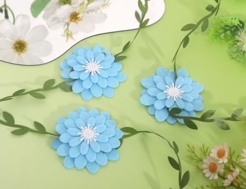 Sky Blue Felt Chrysanthemum Wreath - Sky Blue Leaf Vine Banner, Multi Layer Daisy, Used for Spring Party, alternate view 4