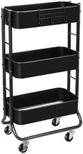 Slim 3-Tier Rolling Utility Cart with Extra Hook, Black in Black
