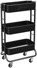 Slim 3-Tier Rolling Utility Cart with Extra Hook, Black in Black