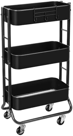 Slim 3-Tier Rolling Utility Cart with Extra Hook, Black in Black