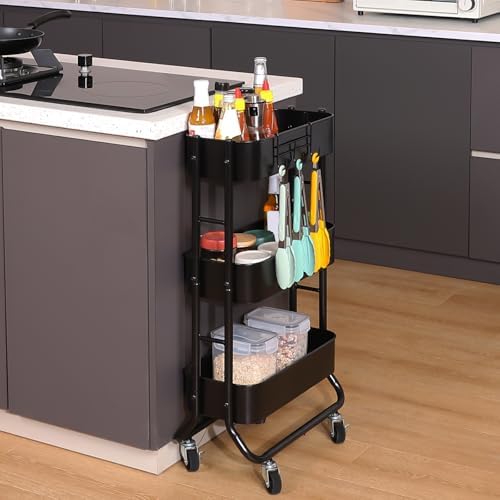 Slim 3-Tier Rolling Utility Cart with Extra Hook, Black in Black, alternate view 4