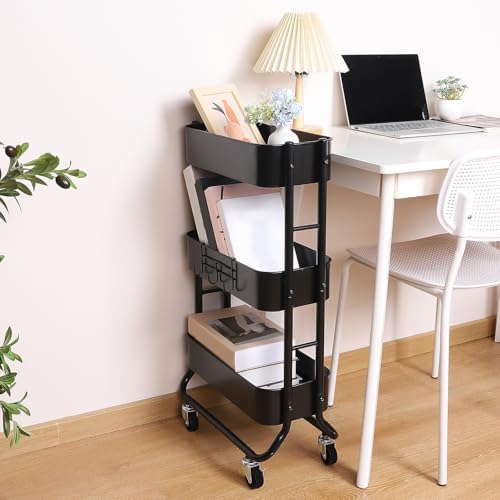 Slim 3-Tier Rolling Utility Cart with Extra Hook, Black in Black, alternate view 5