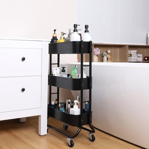 Slim 3-Tier Rolling Utility Cart with Extra Hook, Black in Black, alternate view 6