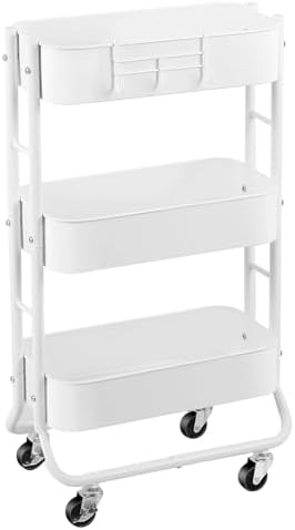 Slim 3-Tier Rolling Utility Cart with Extra Hook, White in White