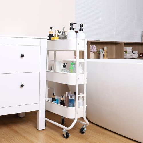 Slim 3-Tier Rolling Utility Cart with Extra Hook, White in White, alternate view 2