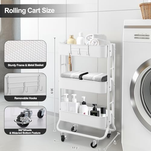 Slim 3-Tier Rolling Utility Cart with Extra Hook, White in White, alternate view 3