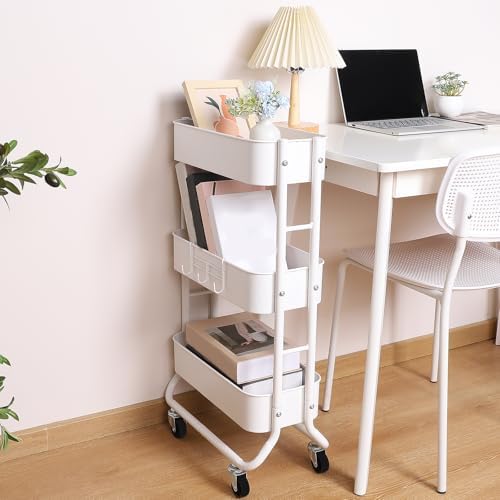 Slim 3-Tier Rolling Utility Cart with Extra Hook, White in White, alternate view 4