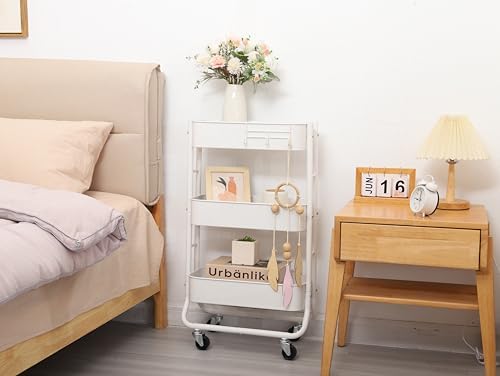 Slim 3-Tier Rolling Utility Cart with Extra Hook, White in White, alternate view 6