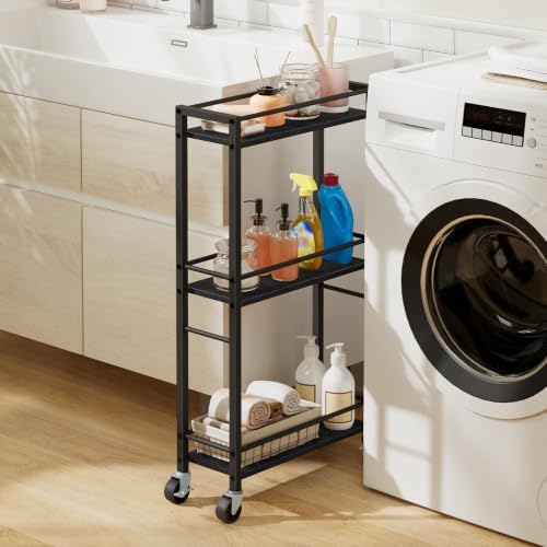 Slim Rolling Cart, Mobile Kitchen Cart on Wheels, Narrow Storage Cart for Small Space, Small Bar Cart, for, alternate view 3