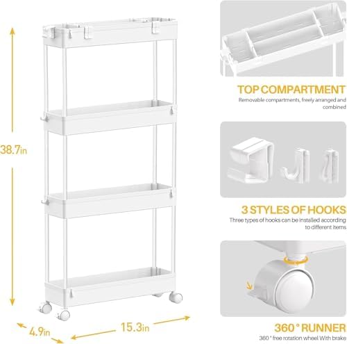Slim Storage Cart(2 Pack),4-Tier Rolling Utility Organizer, alternate view 3