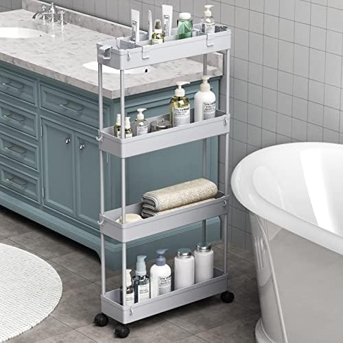Slim Storage Cart 4 Tier, Bathroom Organizer Rolling Utility, Mobile Shelving Unit Slide Out for Office