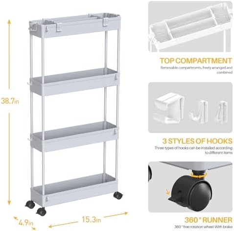 Slim Storage Cart 4 Tier, Bathroom Organizer Rolling Utility, Mobile Shelving Unit Slide Out for Office, alternate view 2